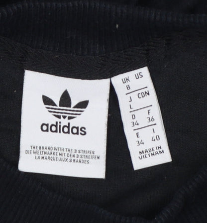 Brand and care label for Adidas Women Black UK 8 Velour Trefoil Logo 3 Stripe Pullover Sweatshirt