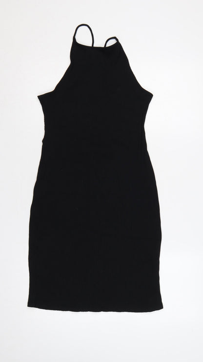 H&M Women Black L Bodycon Midi Halter Ribbed Tie-Back Dress