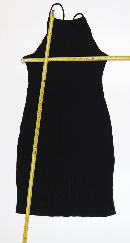 H&M Women Black L Bodycon Midi Halter Ribbed Tie-Back Dress