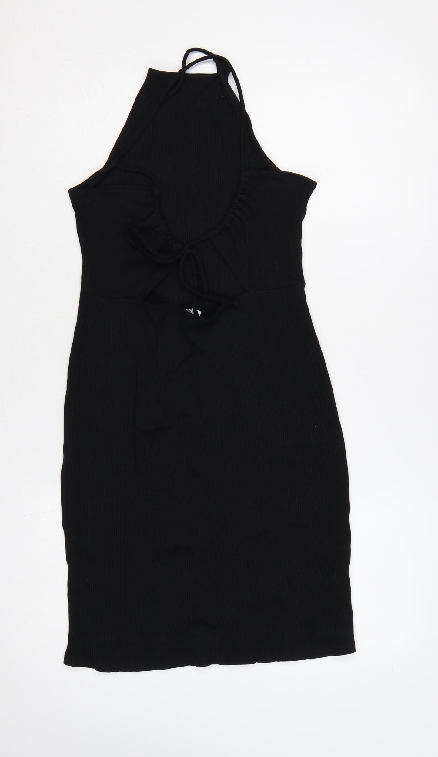 H&M Women Black L Bodycon Midi Halter Ribbed Tie-Back Dress