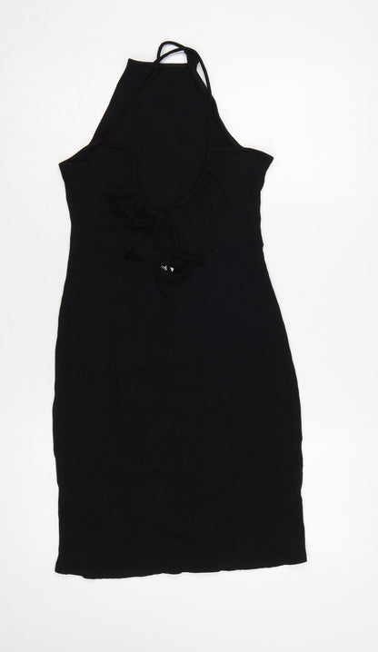 H&M Women Black L Bodycon Midi Halter Ribbed Tie-Back Dress