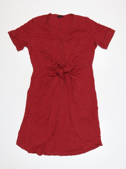 Massimo Dutti Women Red M Lyocell Knee Length Tie Waist Shirt Dress