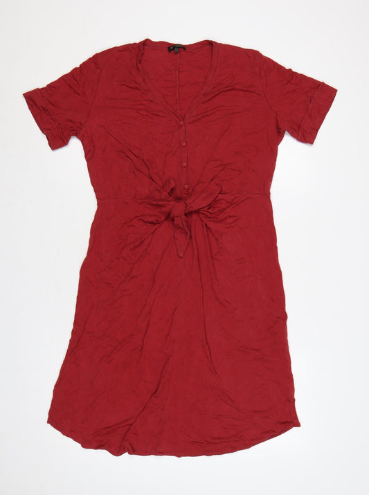 Additional front view of Massimo Dutti Women Red M Lyocell Knee Length Tie Waist Shirt Dress