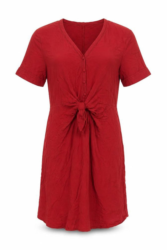 Front view of Massimo Dutti Women Red M Lyocell Knee Length Tie Waist Shirt Dress