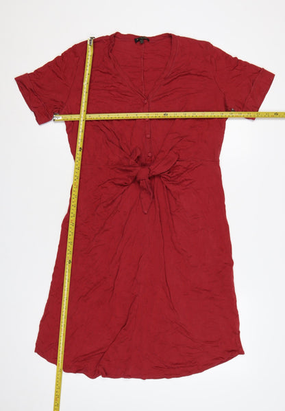 Massimo Dutti Women Red M Lyocell Knee Length Tie Waist Shirt Dress