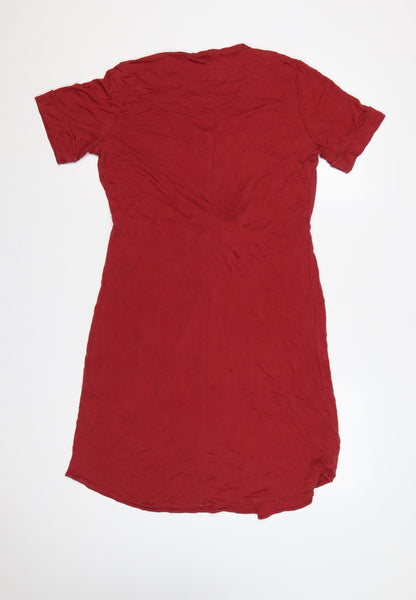 Massimo Dutti Women Red M Lyocell Knee Length Tie Waist Shirt Dress