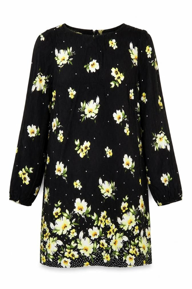 Front view of Roman Women Black Floral Long Sleeve Shift Dress UK 12 Knee Length