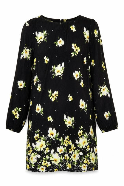 Front view of Roman Women Black Floral Long Sleeve Shift Dress UK 12 Knee Length
