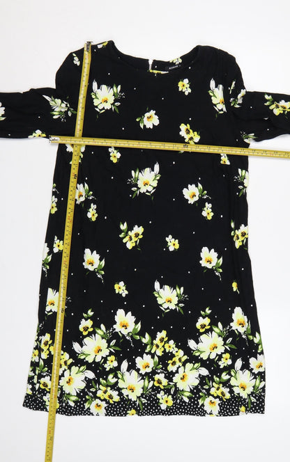 Roman Women Black Floral Long Sleeve Shift Dress UK 12 Knee Length