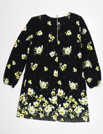 Roman Women Black Floral Long Sleeve Shift Dress UK 12 Knee Length