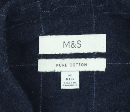 Marks & Spencer Men Blue Check Cotton Shirt M Regular Long Sleeve