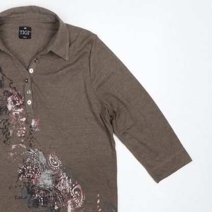 TIGI Women’s Brown Size 12 3/4 Sleeve Paisley Print Polo Top