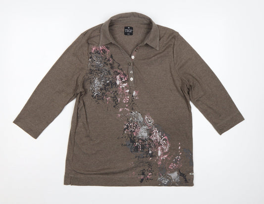 TIGI Women’s Brown Size 12 3/4 Sleeve Paisley Print Polo Top
