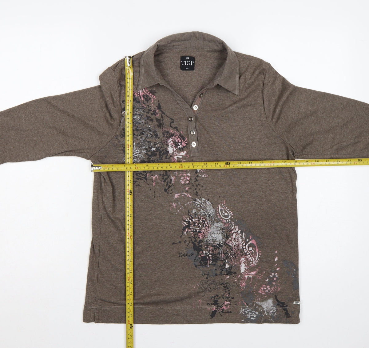 TIGI Women’s Brown Size 12 3/4 Sleeve Paisley Print Polo Top