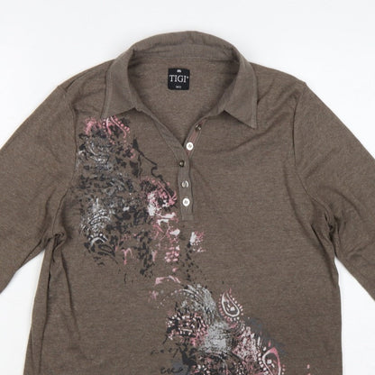 TIGI Women’s Brown Size 12 3/4 Sleeve Paisley Print Polo Top
