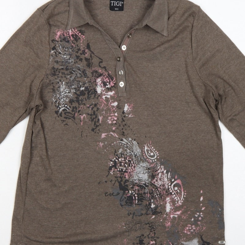 TIGI Women’s Brown Size 12 3/4 Sleeve Paisley Print Polo Top
