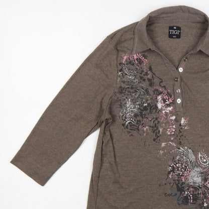 TIGI Women’s Brown Size 12 3/4 Sleeve Paisley Print Polo Top