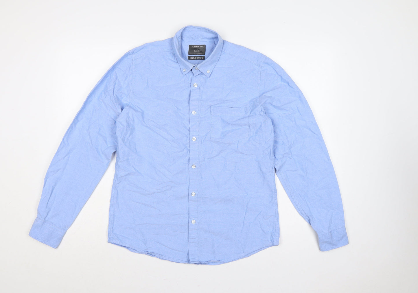 Primark Men Blue M Slim Fit Cotton Button-Down Long Sleeve Shirt