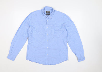 Primark Men Blue M Slim Fit Cotton Button-Down Long Sleeve Shirt