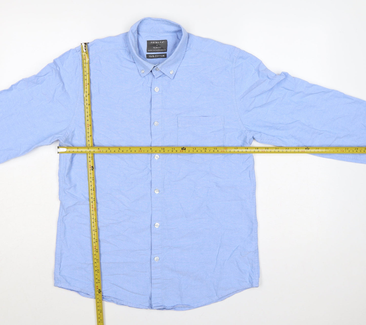 Primark Men Blue M Slim Fit Cotton Button-Down Long Sleeve Shirt
