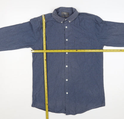 Primark Men Blue M Slim Fit Cotton Chambray Button-Down Shirt