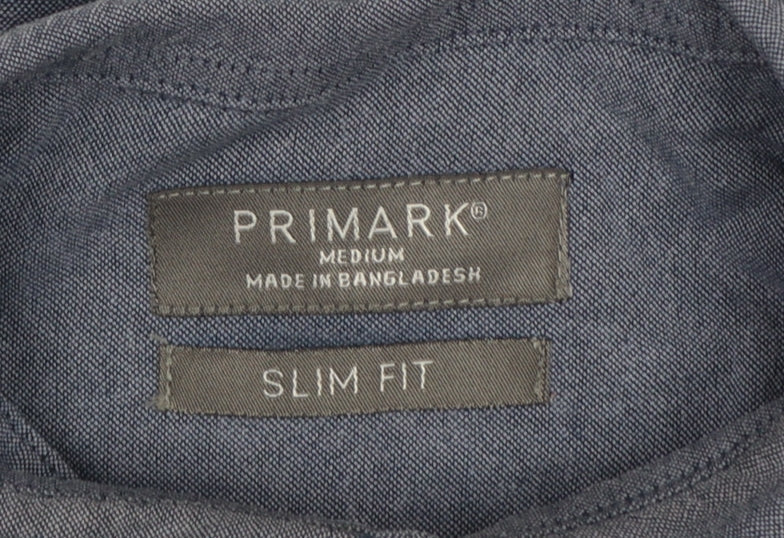 Primark Men Blue M Slim Fit Cotton Chambray Button-Down Shirt