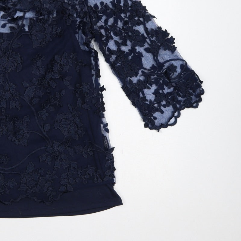 Adiva Women’s Navy Blue M Lace Floral Embroidered 3/4 Sleeve Blouse