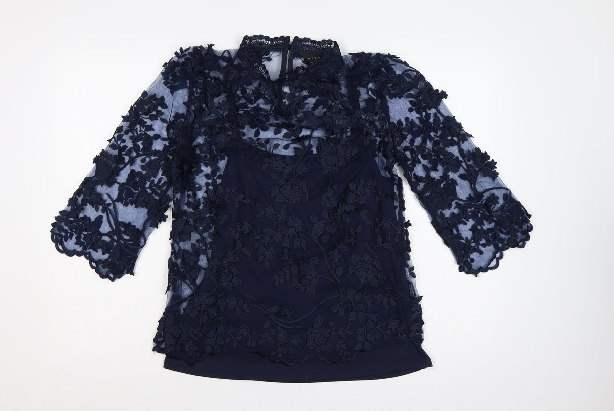 Adiva Women’s Navy Blue M Lace Floral Embroidered 3/4 Sleeve Blouse