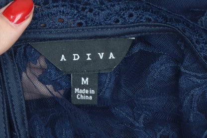 Adiva Women’s Navy Blue M Lace Floral Embroidered 3/4 Sleeve Blouse