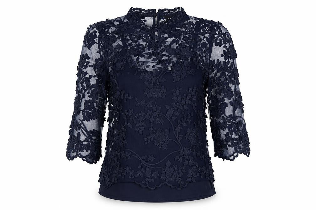 Adiva Women’s Navy Blue M Lace Floral Embroidered 3/4 Sleeve Blouse