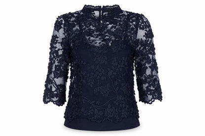 Adiva Women’s Navy Blue M Lace Floral Embroidered 3/4 Sleeve Blouse