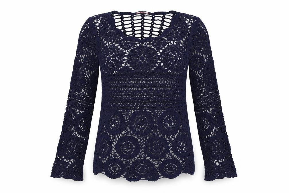 Joe Browns Women Blue UK 8 Crochet Tunic Scoop Neck Long Sleeve Boho Top
