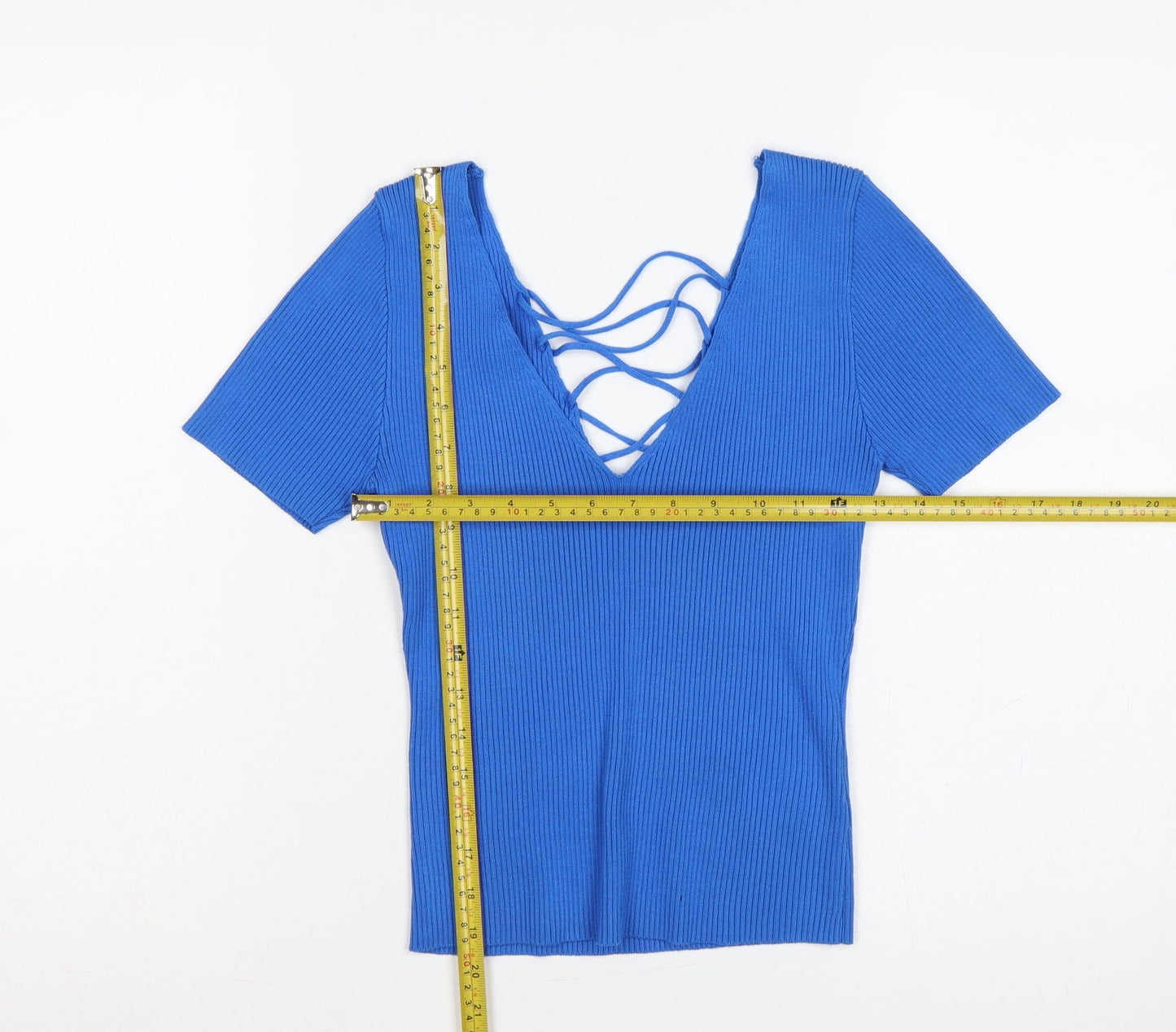 By Clara Paris Women Blue L Rib Knit Lace-Up V-Neck Top