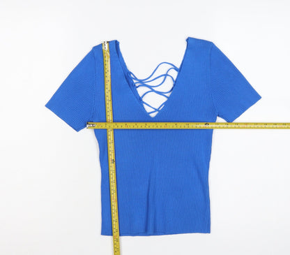 By Clara Paris Women Blue L Rib Knit Lace-Up V-Neck Top