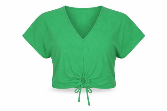 Zara Women Green M Cropped V-Neck Tie Front Short Sleeve Blouse
