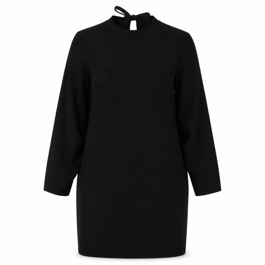 Front view of Zara Woman Black, size M, Sheath Knee Dress Balloon Sleeves Tie Neck
