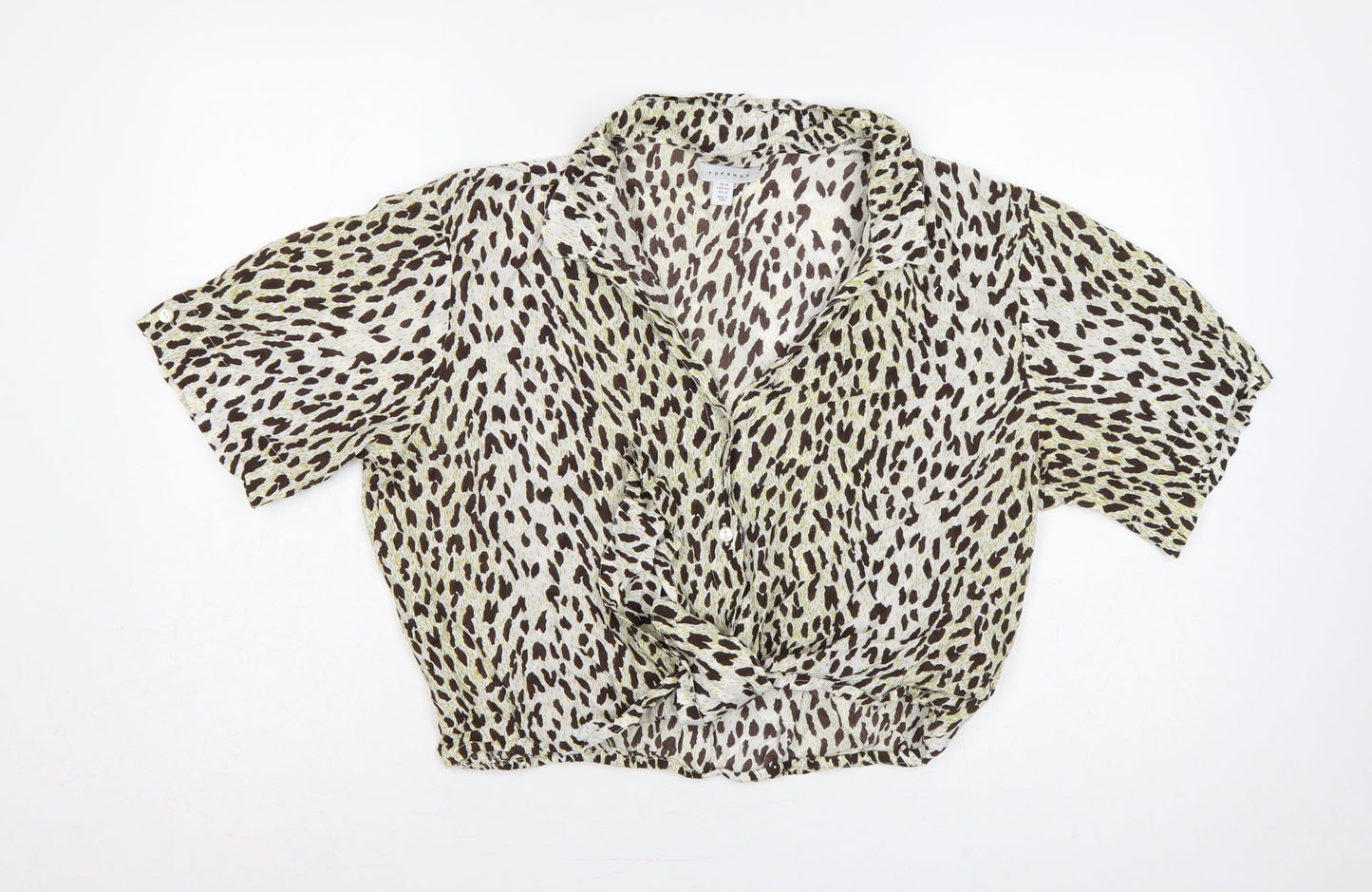 Topshop Women Brown Leopard Print Short Sleeve Button-Up Shirt UK 16