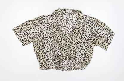 Topshop Women Brown Leopard Print Short Sleeve Button-Up Shirt UK 16