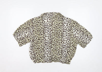 Topshop Women Brown Leopard Print Short Sleeve Button-Up Shirt UK 16