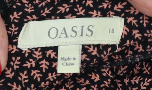 Oasis Women Black Pink Floral High Neck A-Line Dress UK 10