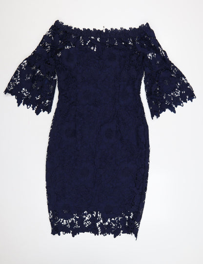 Dorothy Perkins Women Blue UK 12 Off Shoulder Floral Lace Sheath Dress