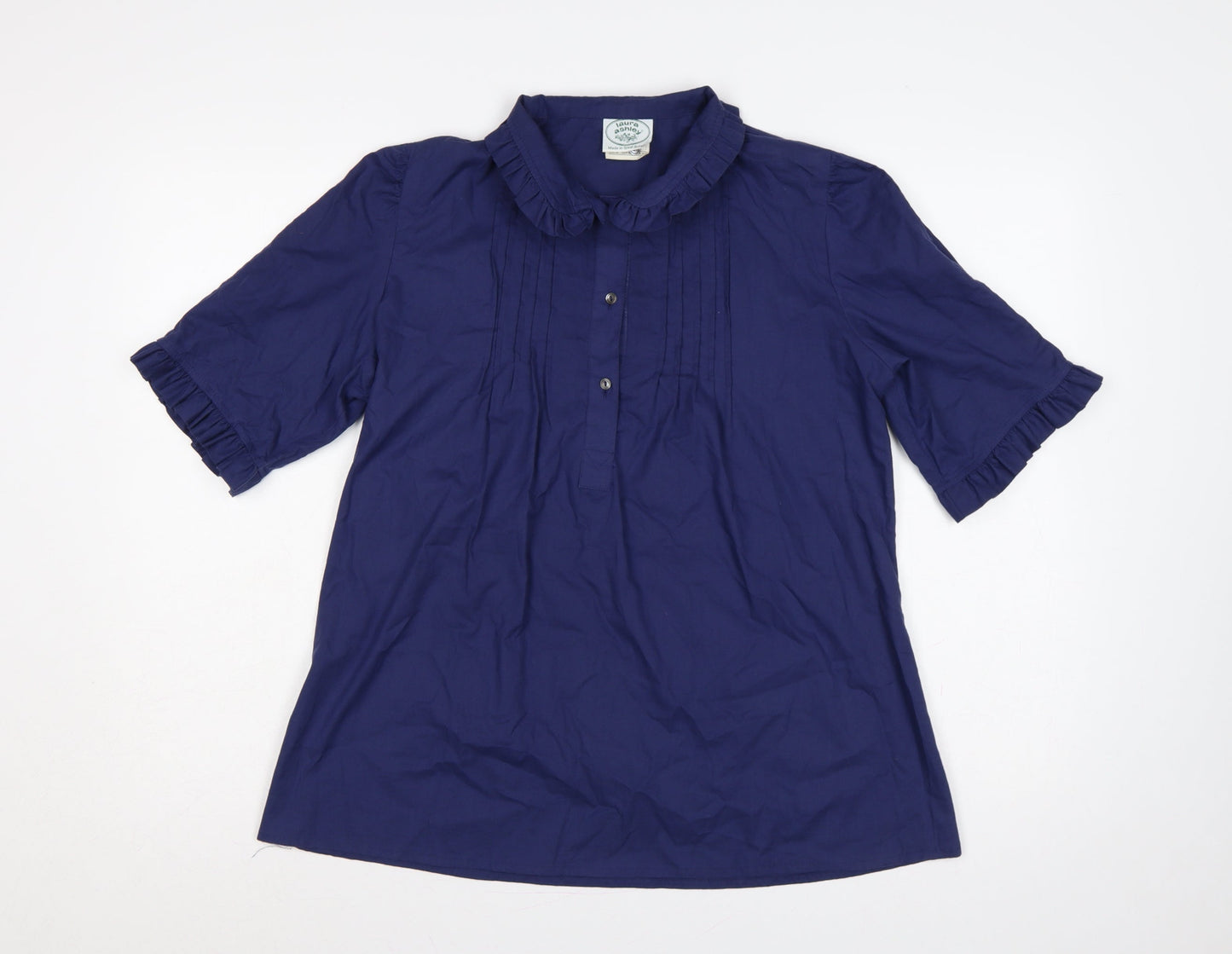 Laura Ashley Women Blue UK 18 Ruffle Collared Cotton Tunic Blouse