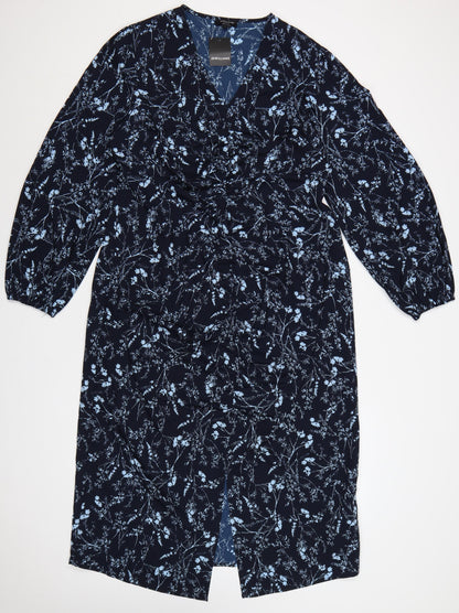 JD Williams Women Blue Floral Wrap Midi Dress UK 16 V-Neck Long Sleeve
