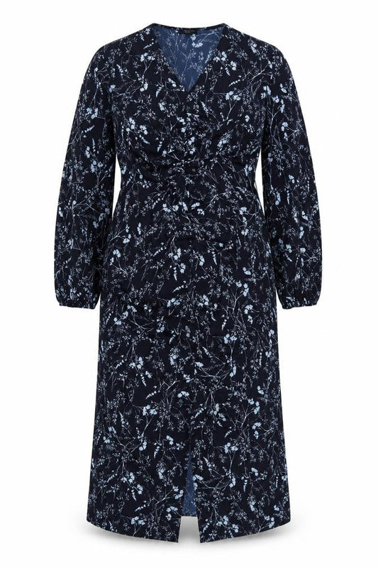 Front view of JD Williams Women Blue Floral Wrap Midi Dress UK 16 V-Neck Long Sleeve