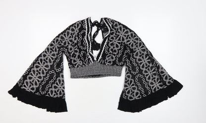 River Island Women Black Floral Chiffon Cropped Bell Sleeve Blouse XS