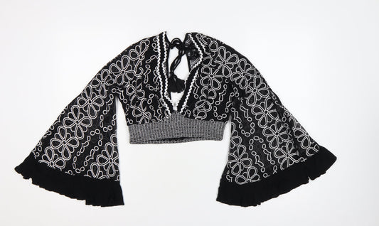 River Island Women Black Floral Chiffon Cropped Bell Sleeve Blouse XS