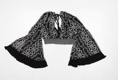 River Island Women Black Floral Chiffon Cropped Bell Sleeve Blouse XS