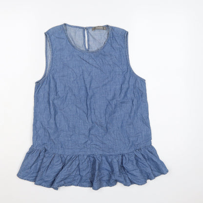 Oasis Women Blue Size 10 Chambray Sleeveless Ruffle Tunic Blouse