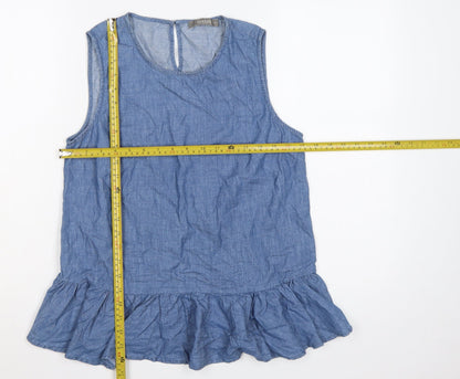 Oasis Women Blue Size 10 Chambray Sleeveless Ruffle Tunic Blouse