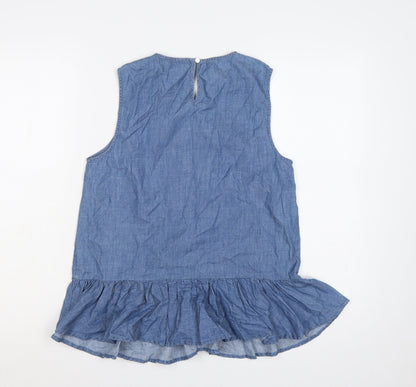 Oasis Women Blue Size 10 Chambray Sleeveless Ruffle Tunic Blouse